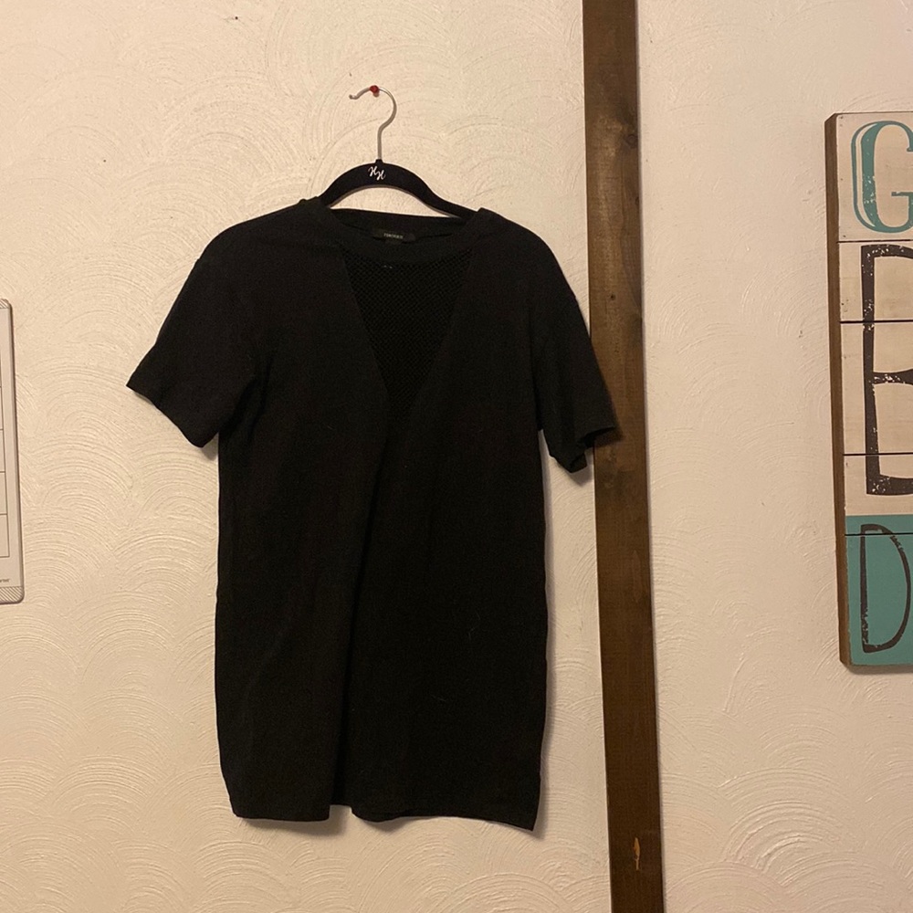 Black Forever 21 short sleeve tee with fishnet V neck